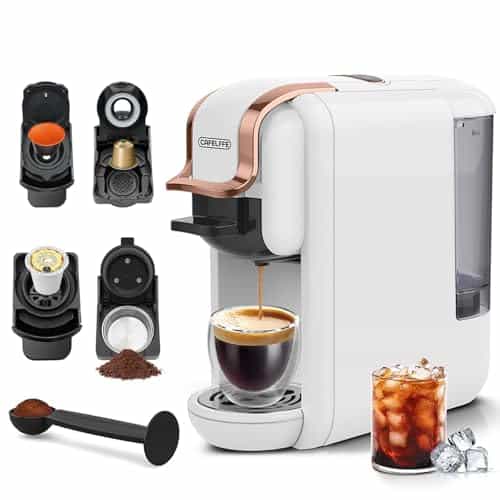 CAFELFFE MK-603 Mini Pod Coffee Maker, 4 in 1 Hot/Cold Single Serve Espresso Machine, Compatible with K Cup Pods, Nes Original/DG Capsules and Ground Coffee, Fast Brew, White