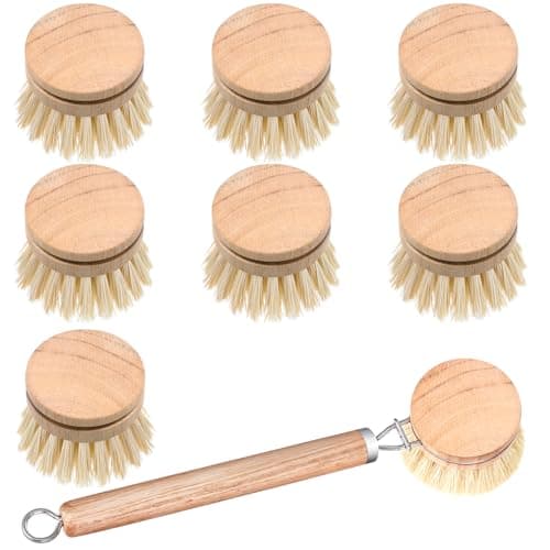 8 Pcs Wooden Dish Brush with Handle Bamboo Scrub Brush for Dishes with Dish Brush Replacement Head Dish Brush for Kitchen Cleaning Dishes