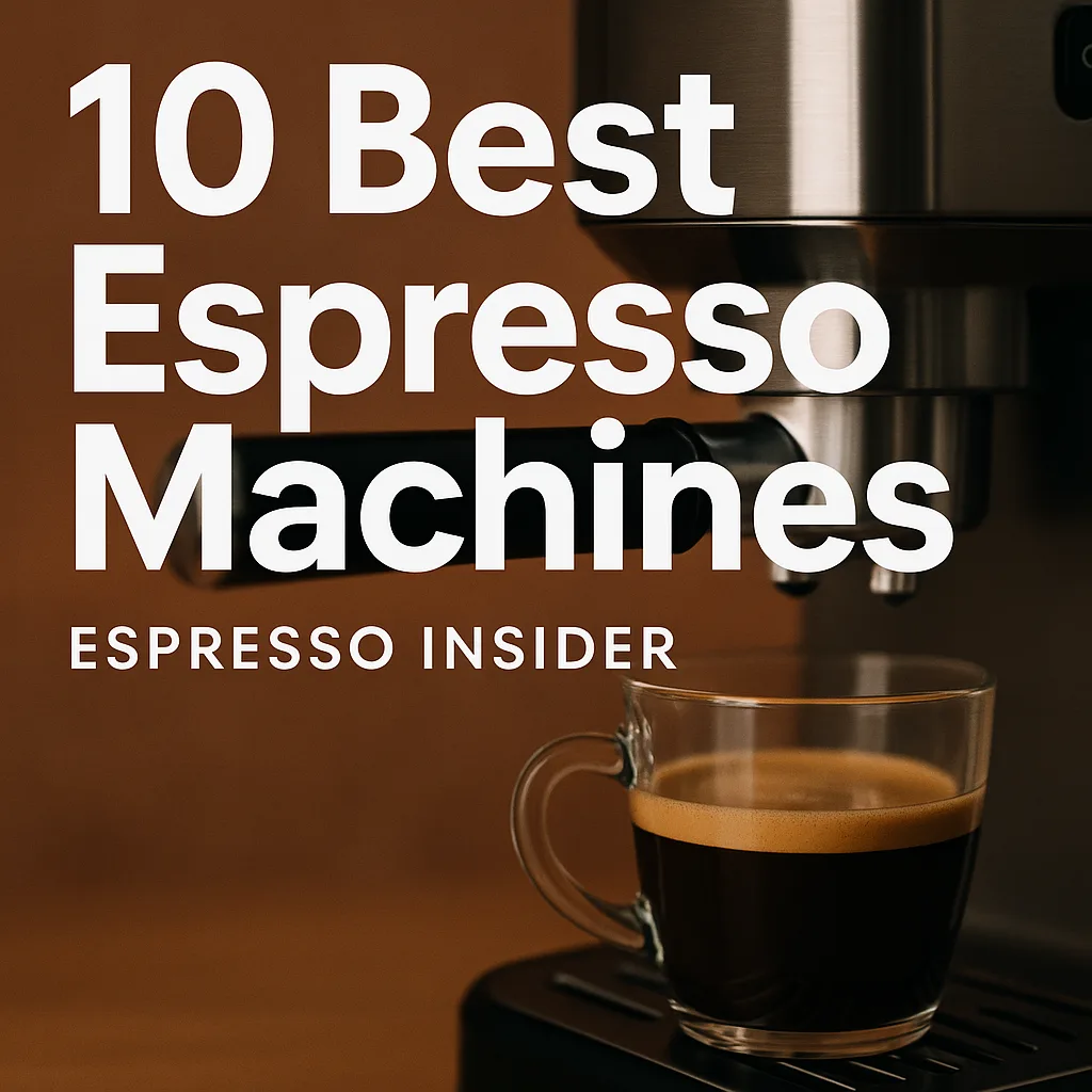 A sleek stainless steel espresso machine brewing a shot into a glass cup, with bold white text overlay reading '10 Best Espresso Machines'