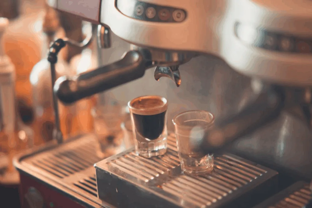 Modern espresso machine brewing a shot into a cup on a kitchen counter