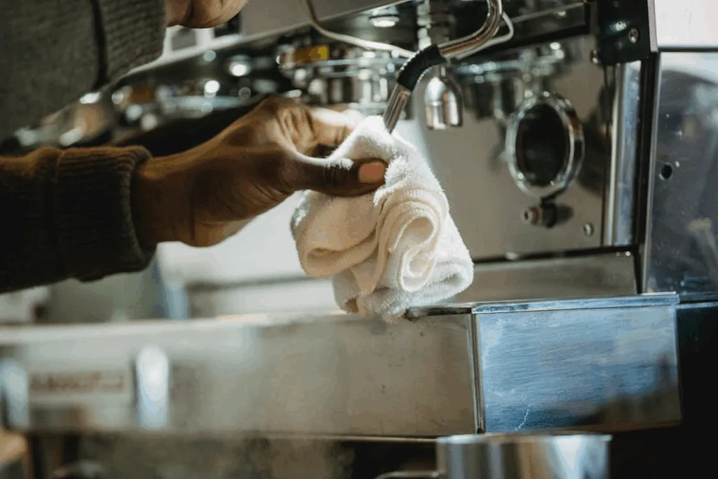 Cleaning an espresso machine steam wand with a cloth