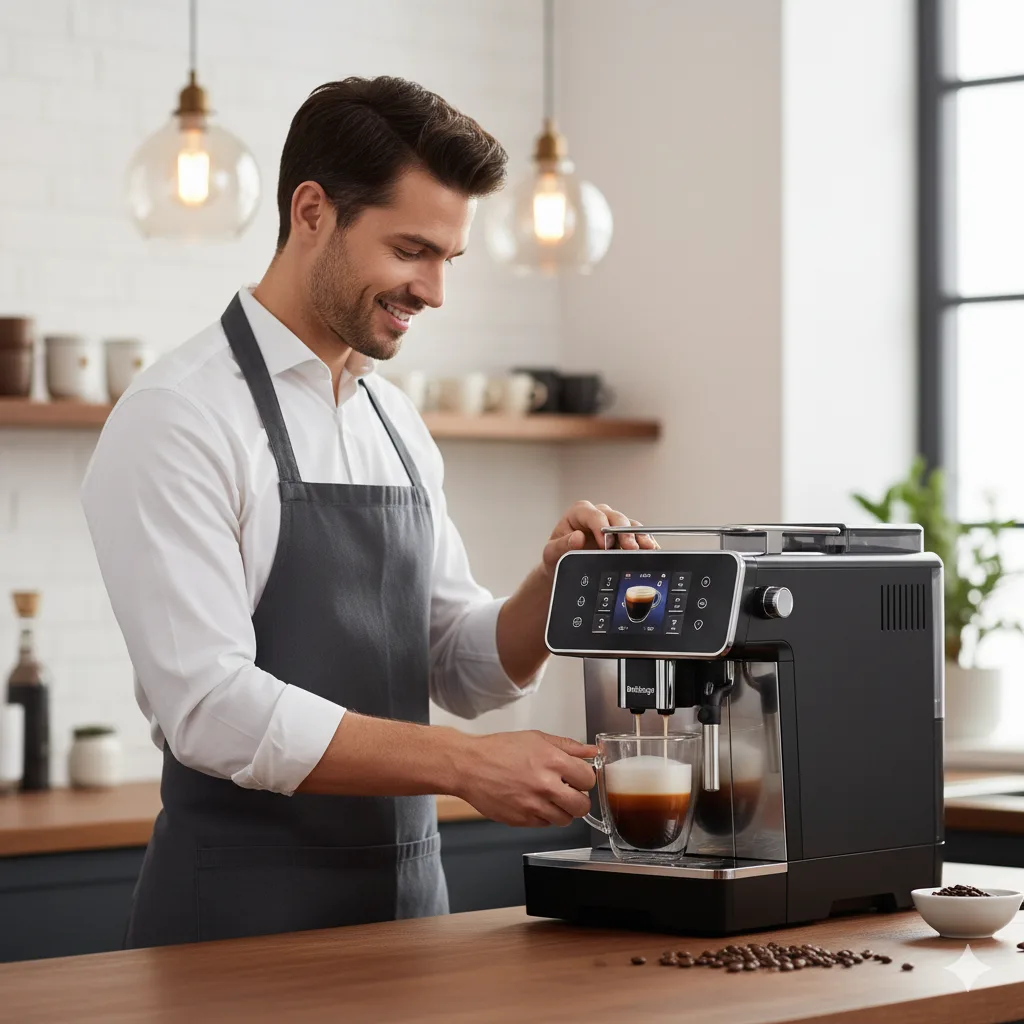 A smiling male barista in a professional cafe uniform easily prepares a cappuccino using the DeLonghi Dinamica Plus super-automatic espresso machine.