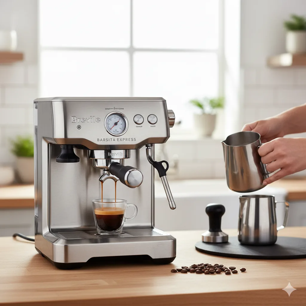 Buy Breville Barista Express: Best Price & Deals Today 1 Breville Barista Express espresso machine actively brewing a shot of espresso into a clear glass, with a hand holding a milk frothing pitcher in the background, set on a modern kitchen counter.