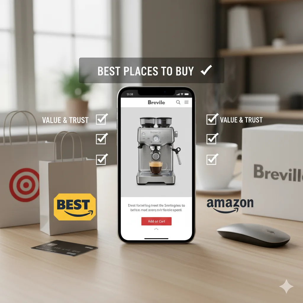Buy Breville Barista Express: Best Price & Deals Today 2 Smartphone screen showing the Breville Barista Express product page, surrounded by shopping bags with retailer logos (e.g., Target, Best Buy), a credit card, and the Amazon logo, representing best places to buy.