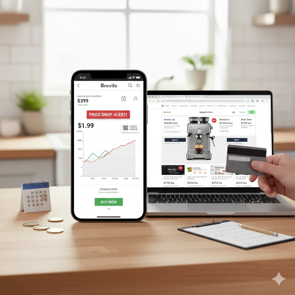 Buy Breville Barista Express: Best Price & Deals Today 4 Laptop screen displaying price history graphs and product pages for the Breville Barista Express, with a smartphone showing a price drop alert and a hand holding a credit card, illustrating how to find the best deals.