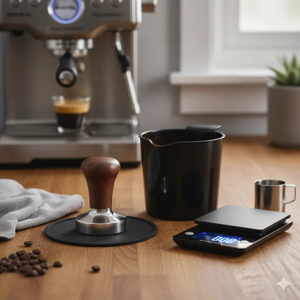 Buy Breville Barista Express: Best Price & Deals Today 5 Essential espresso accessories including a professional tamper, a coffee grounds knock box, and a digital scale on a kitchen counter, with the Breville Barista Express machine slightly blurred in the background.