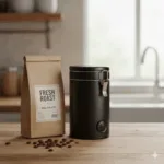 The 5 Best Espresso Beans For Sale (Rich Crema & Flavor) 8 An airtight coffee canister next to a bag of whole espresso beans, demonstrating the proper way to store beans to maintain freshness.