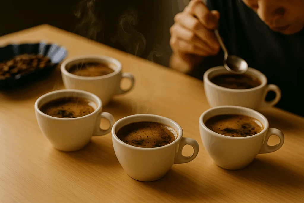 The Art of Espresso Aroma: Why Smell Shapes Ultimate Taste 4 coffee cupping session with multiple espresso cups and aroma evaluation