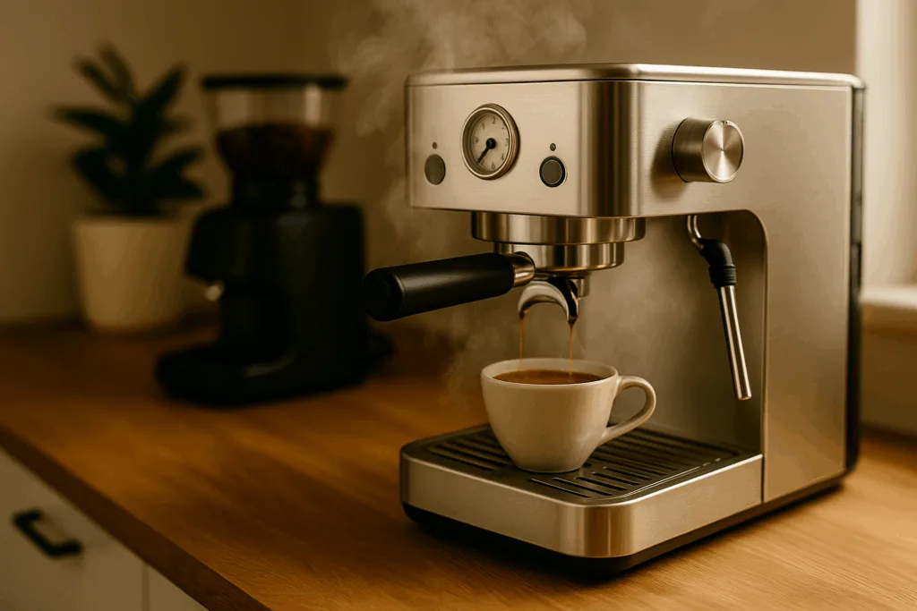The Art of Espresso Aroma: Why Smell Shapes Ultimate Taste 3 espresso machine on home counter with steam and espresso aroma visible