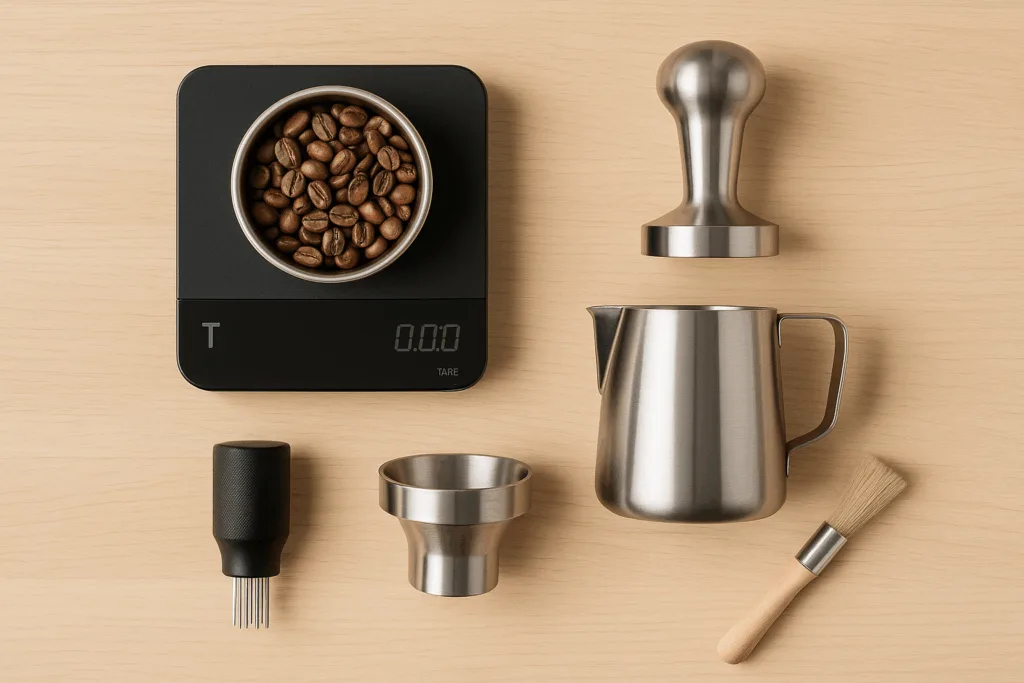 various espresso machine accessories on a table top including a tamper, brush, scale, milk frothing pitcher