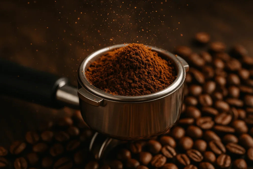 The Art of Espresso Aroma: Why Smell Shapes Ultimate Taste 2 reshly ground coffee beans in portafilter with aromatic particles visible