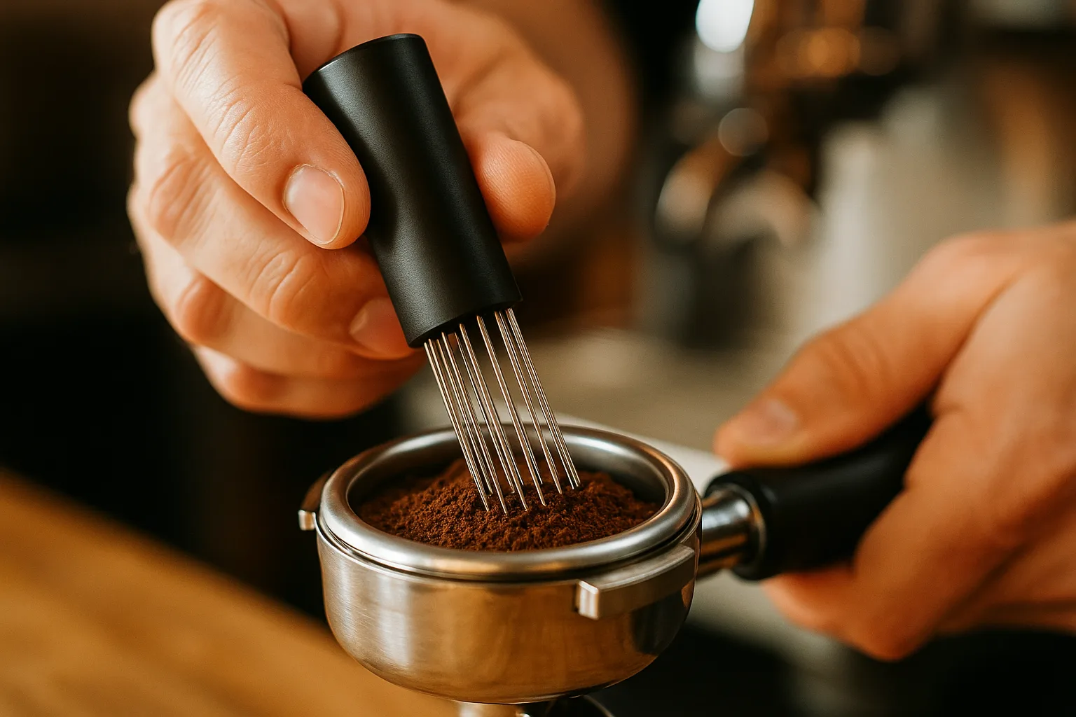 Close-up action shot of barista hands using WDT distribution tool in portafilter basket filled with coffee ground