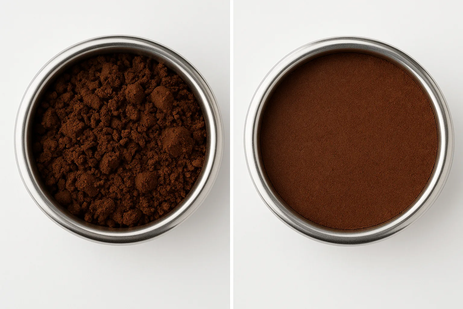 Split comparison image showing before and after of espresso puck. Left side: uneven, clumpy coffee grounds. Right Side: Even, fine coffee grounds