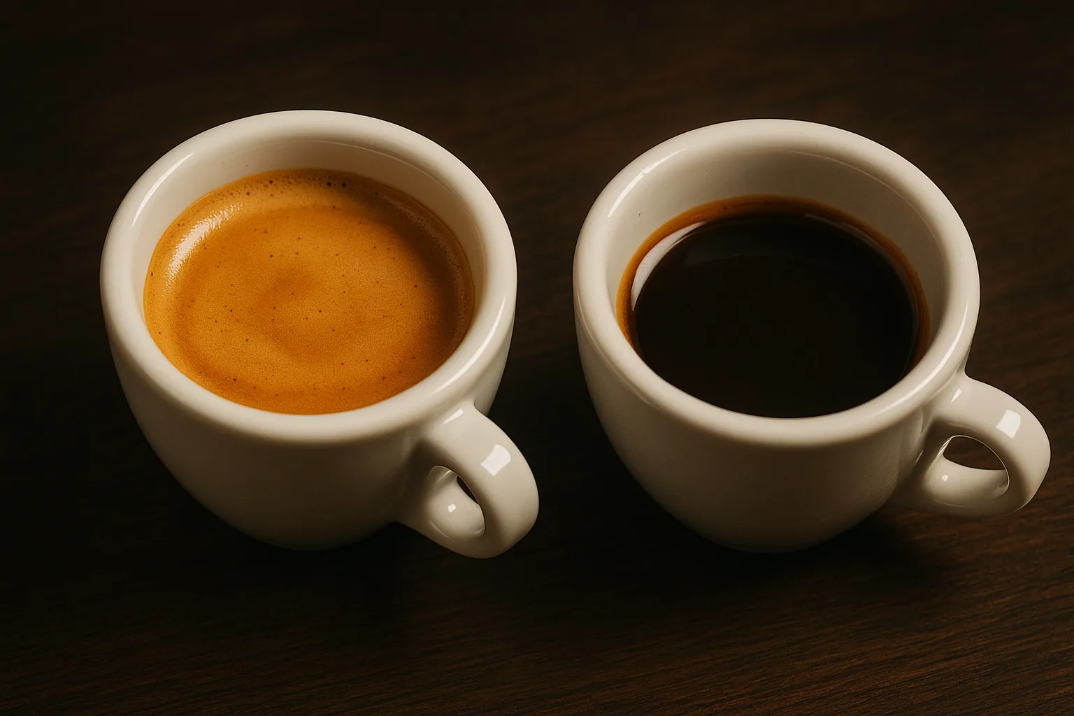 Two single espresso shots next to each other one having rich crema and ther other no crema