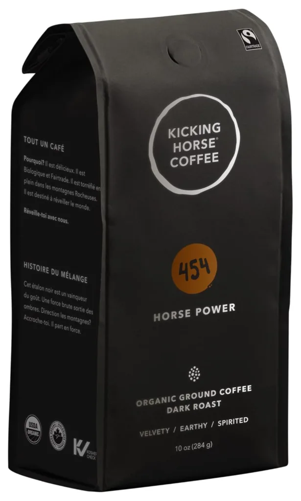 Kicking Horse 454 Horse Power dark roast whole beans, bold and intense flavor, a top choice among Best Coffee Beans for Espresso.