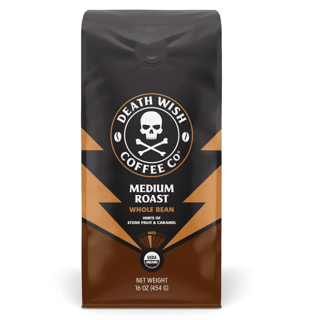Death Wish high-caffeine coffee beans, strong and flavorful, a popular option for those seeking the Best Coffee Beans for Espresso.