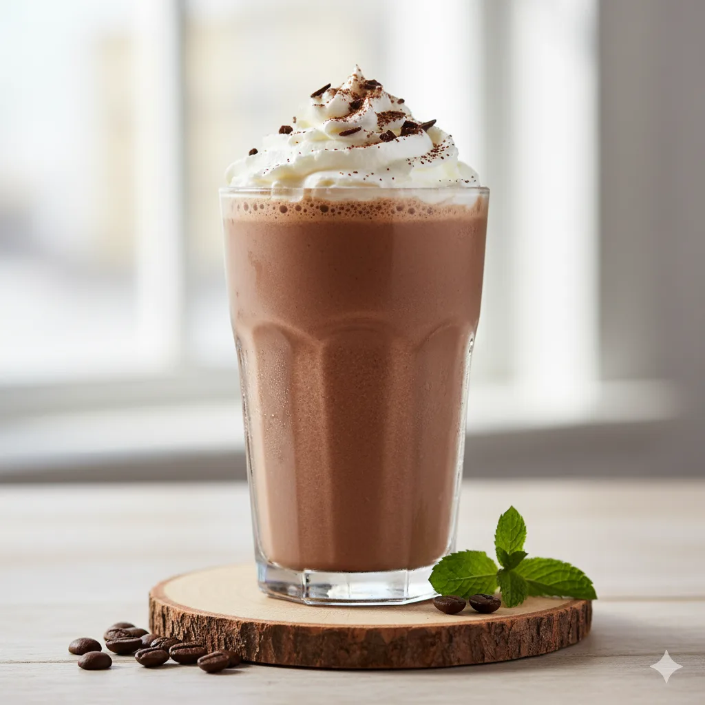 A tall glass of a thick chocolate coffee protein shake topped with whipped cream, chocolate shavings, and fresh coffee beans.
