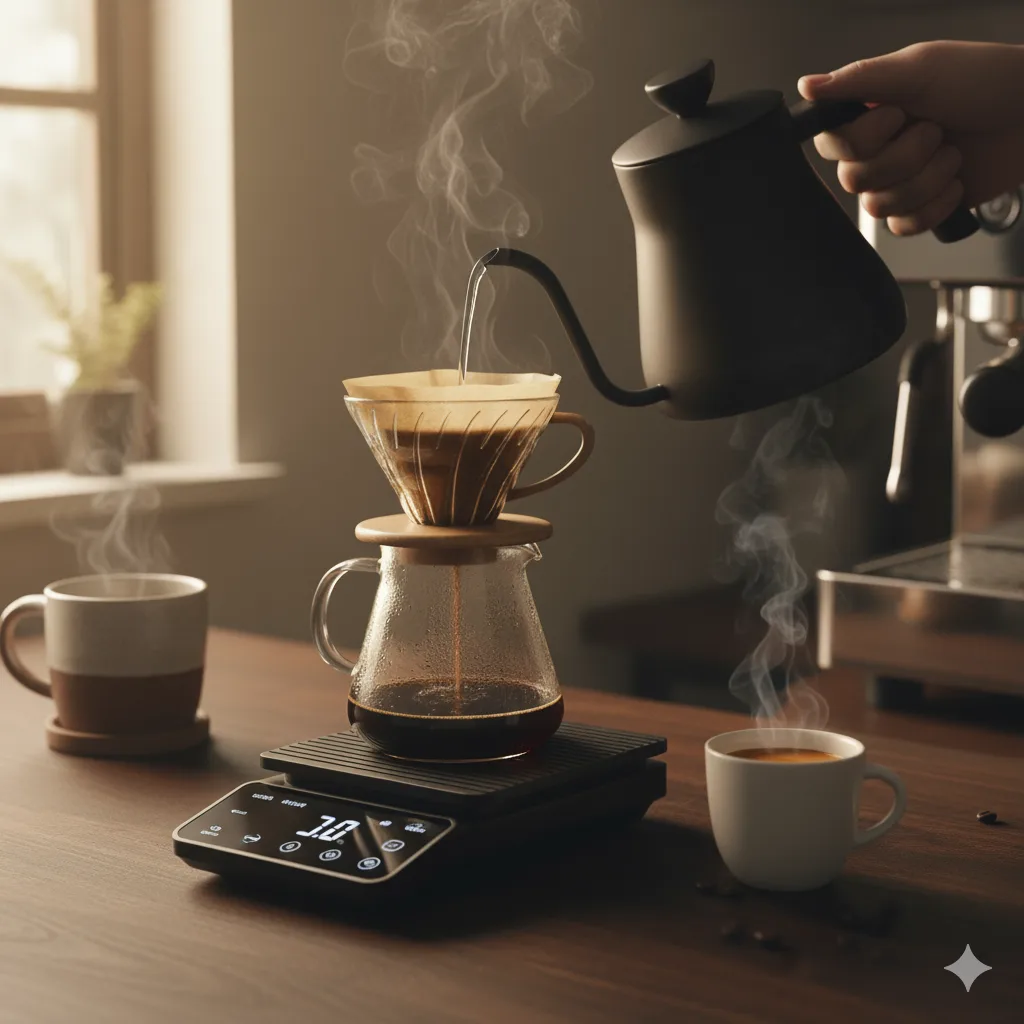 The best coffee scale in use, precisely weighing water for a pourover, with an espresso machine in the background, showing versatility for home baristas.
