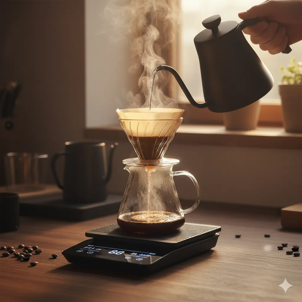 Advanced coffee scale displaying real-time flow rate during a pour over, showcasing smart features for precise coffee brewing.