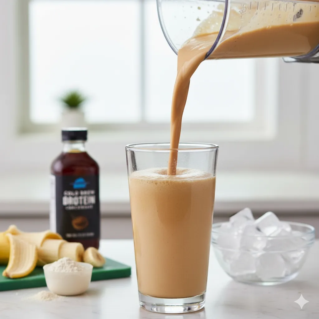A smooth, creamy coffee protein shake being poured from a blender into a glass, with a bottle of cold brew, sliced bananas, protein powder, and ice in the background, illustrating perfect consistency