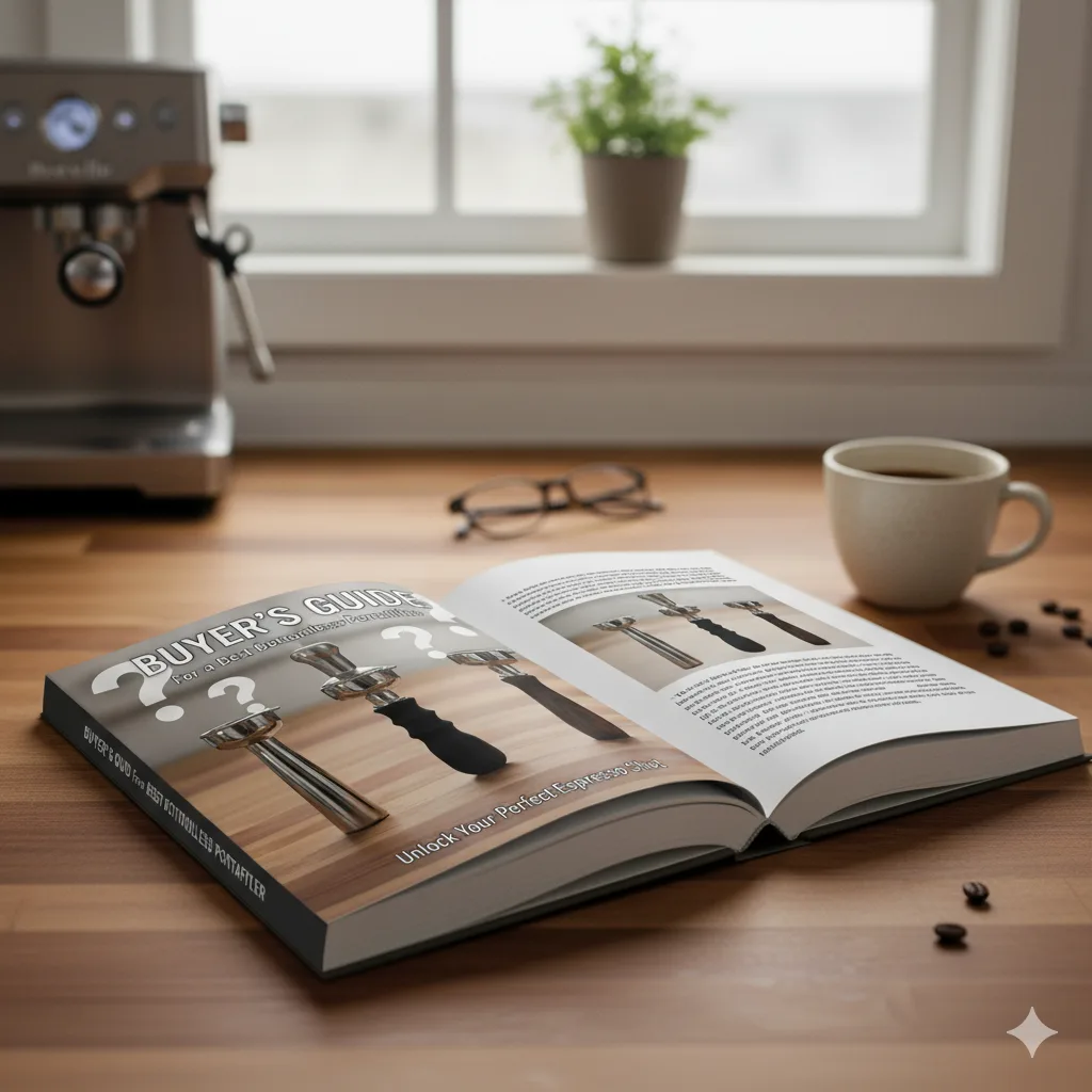 An open book titled 'Buyer's Guide For a Best Bottomless Portafilter' lies on a wooden desk, displaying an image of three different portafilters with question marks. Nearby are a cup of coffee, scattered coffee beans, reading glasses, a houseplant, and a Breville espresso machine in the background, suggesting a cozy coffee setup and an informative guide for espresso enthusiasts.