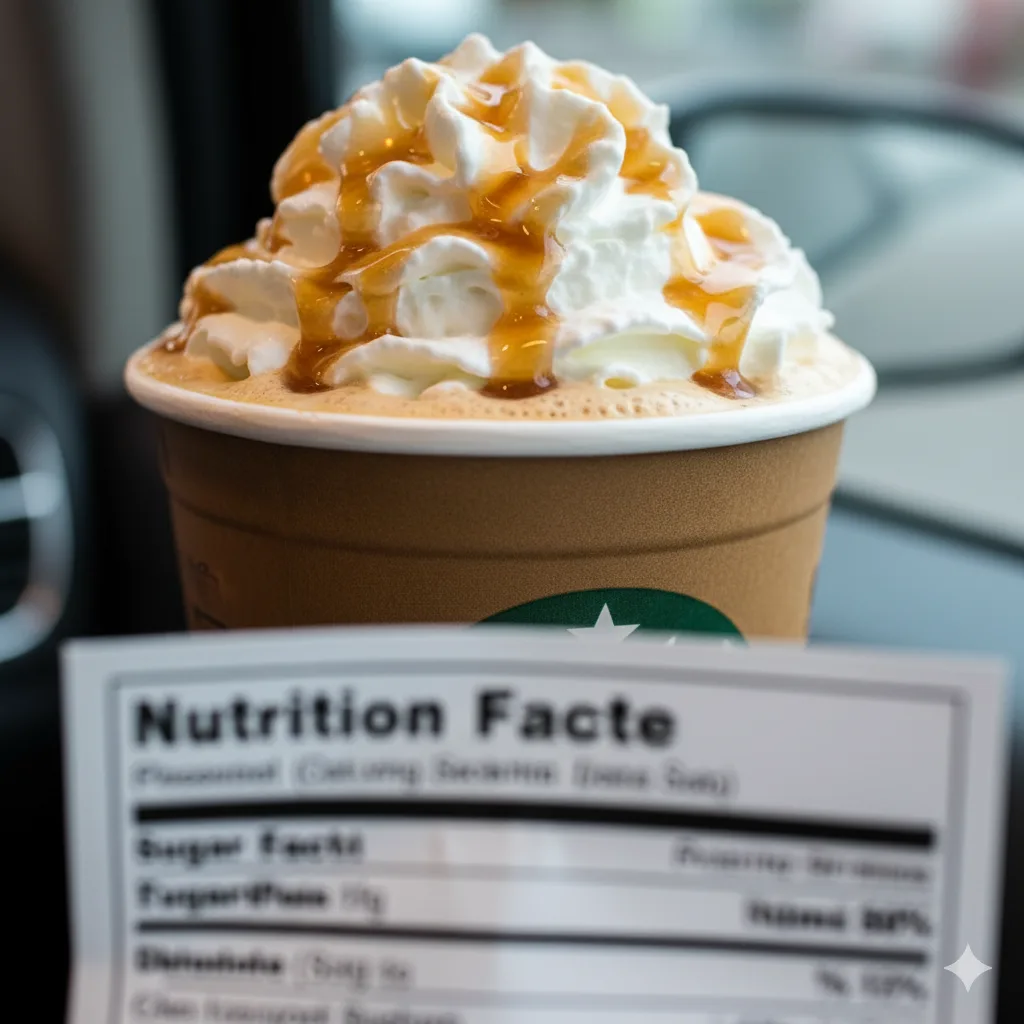 An unhealthy store-bought pumpkin spice latte in a plastic cup, topped with excessive whipped cream and sugary syrup, highlighting the problem with drive-thru lattes.