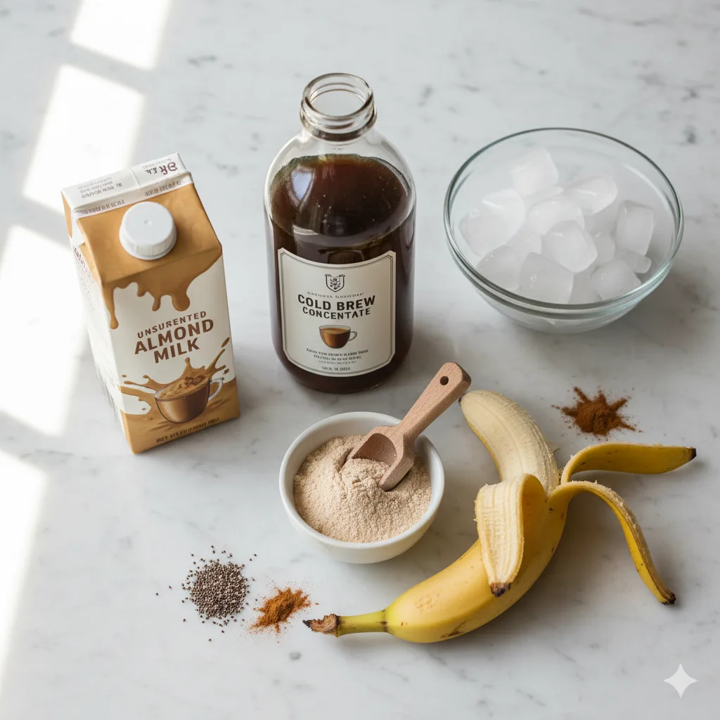 coffee protein shake recipe
Ingredients for a healthy coffee protein shake laid out on a marble surface, including cold brew, almond milk, protein powder, and a banana