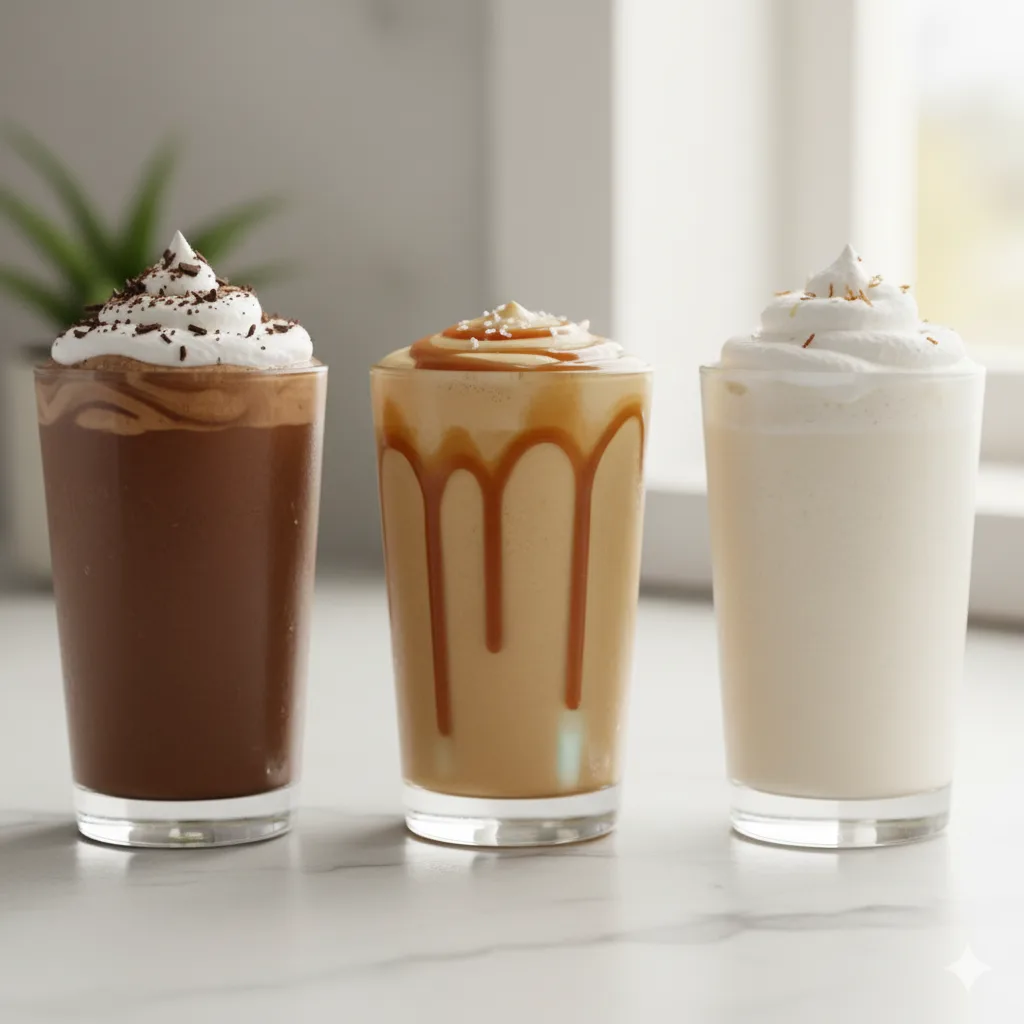 Three glasses showing coffee protein shake variations: a rich mocha, a salted caramel with drizzle, and a vanilla bean Frappuccino