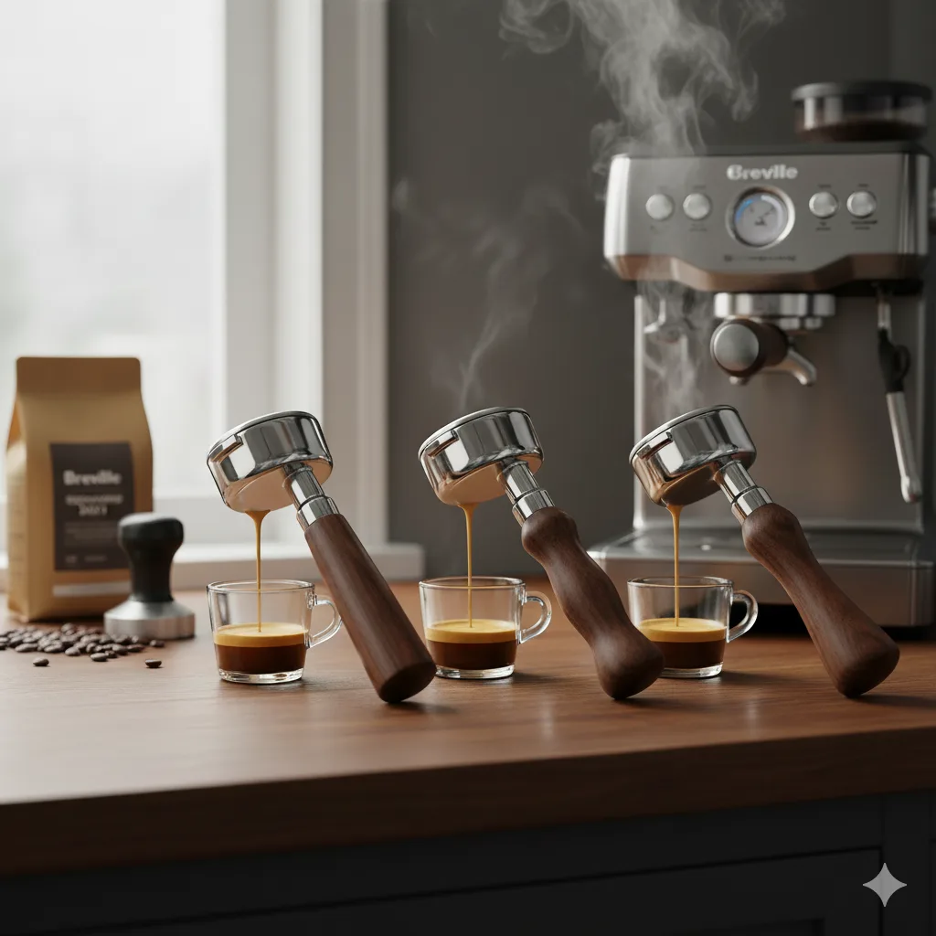 best 54mm bottomless portafilter with dark wood handles are lined up on a counter, each pulling a rich shot of espresso into a small glass cup. A Breville espresso machine sits in the background.