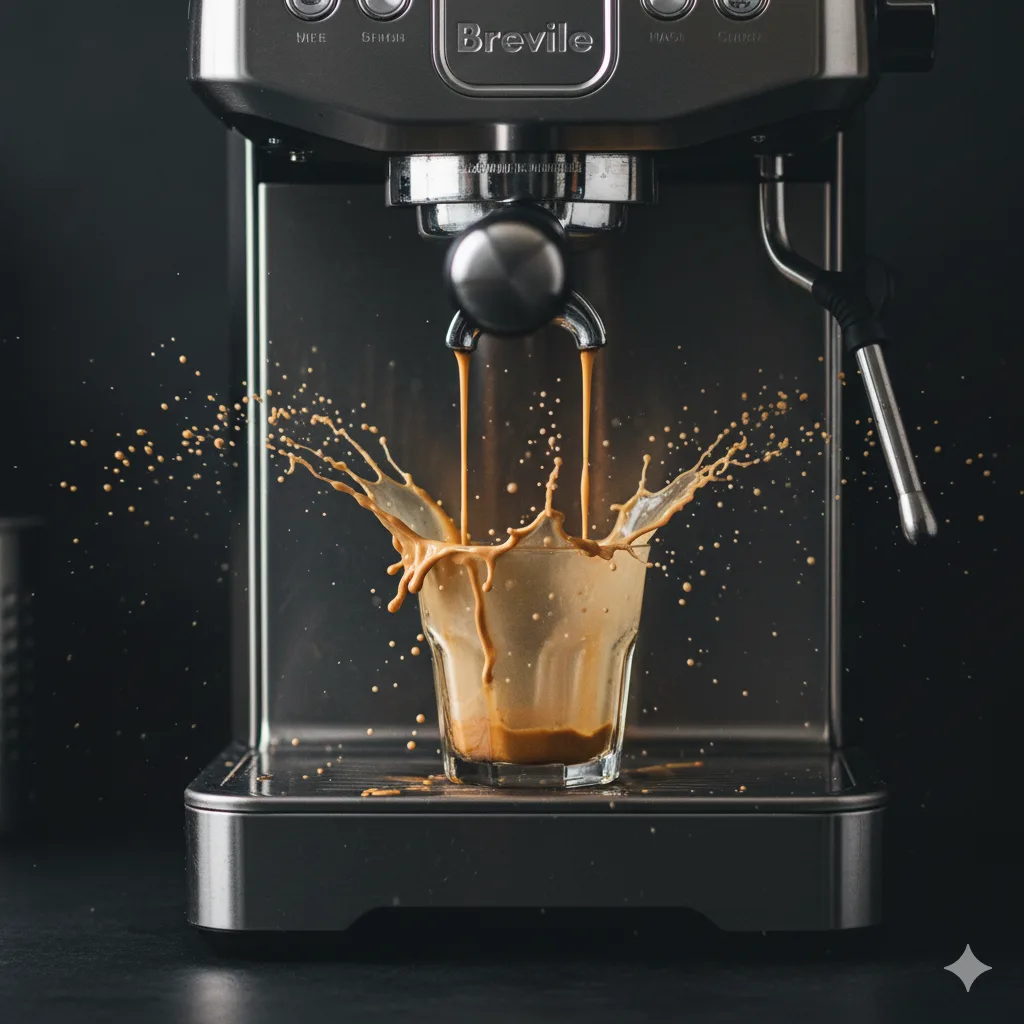 Dramatic close-up of a Breville espresso machine with a bottomless portafilter violently spraying coffee and crema in all directions from a single glass, illustrating severe channeling and the critical warning for 'Why Is My Bottomless Portafilter Spraying Everywhere!?