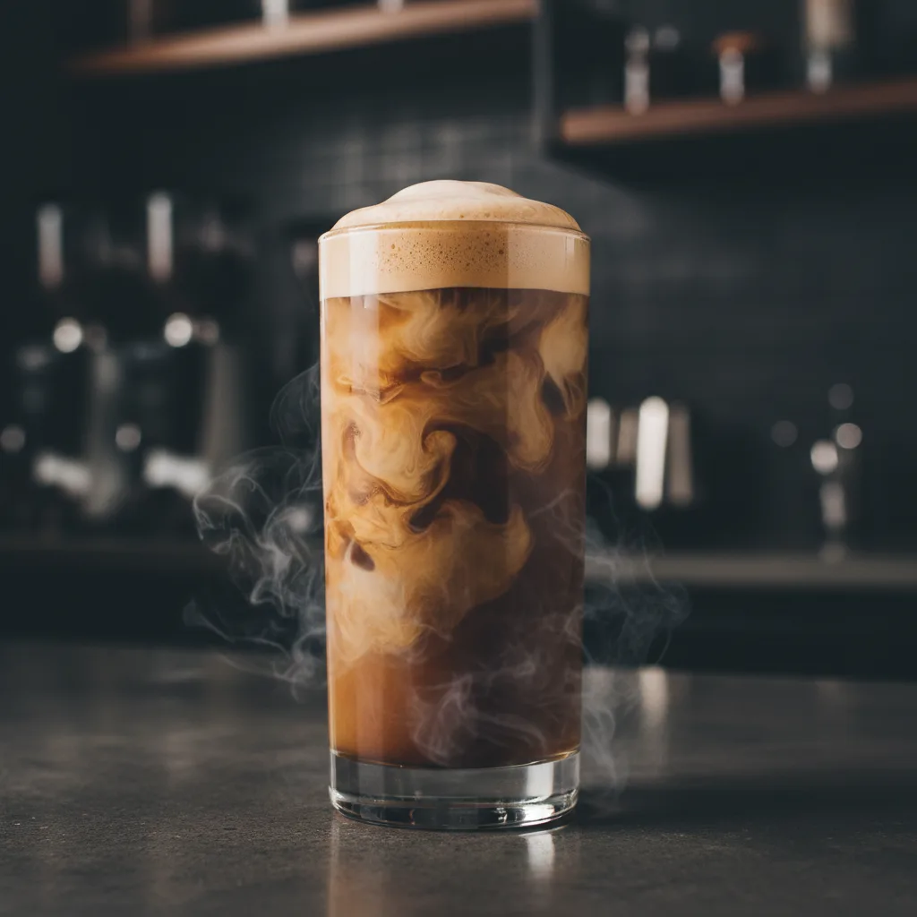 A tall glass of cold brew coffee with a thick layer of creamy foam, showing a mesmerizing cascade of milk swirling into the dark coffee, with wisps of smoke emanating from the glass, set on a dark bar counter with a blurred background.
