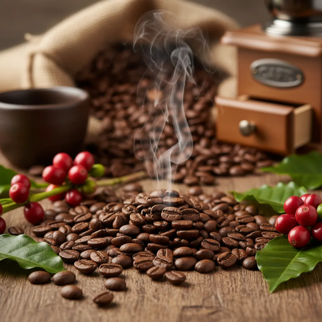 A pile of freshly roasted Arabica coffee beans steaming on a wooden table, surrounded by fresh red coffee cherries and a manual grinder