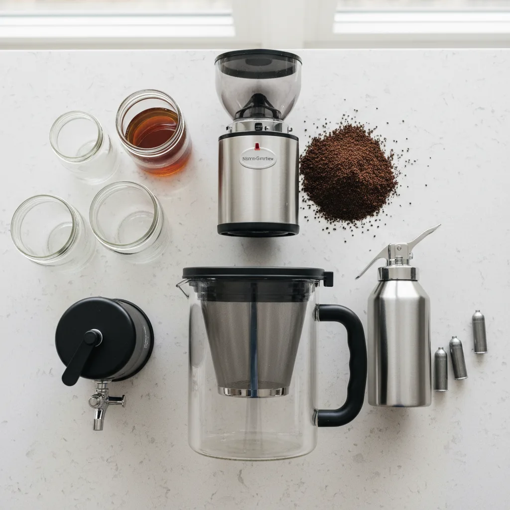 Ingredients and tools for homemade nitro cold brew coffee, including ground coffee, glass containers, a pour-over style cold brew system, and a cream whipper for infusion