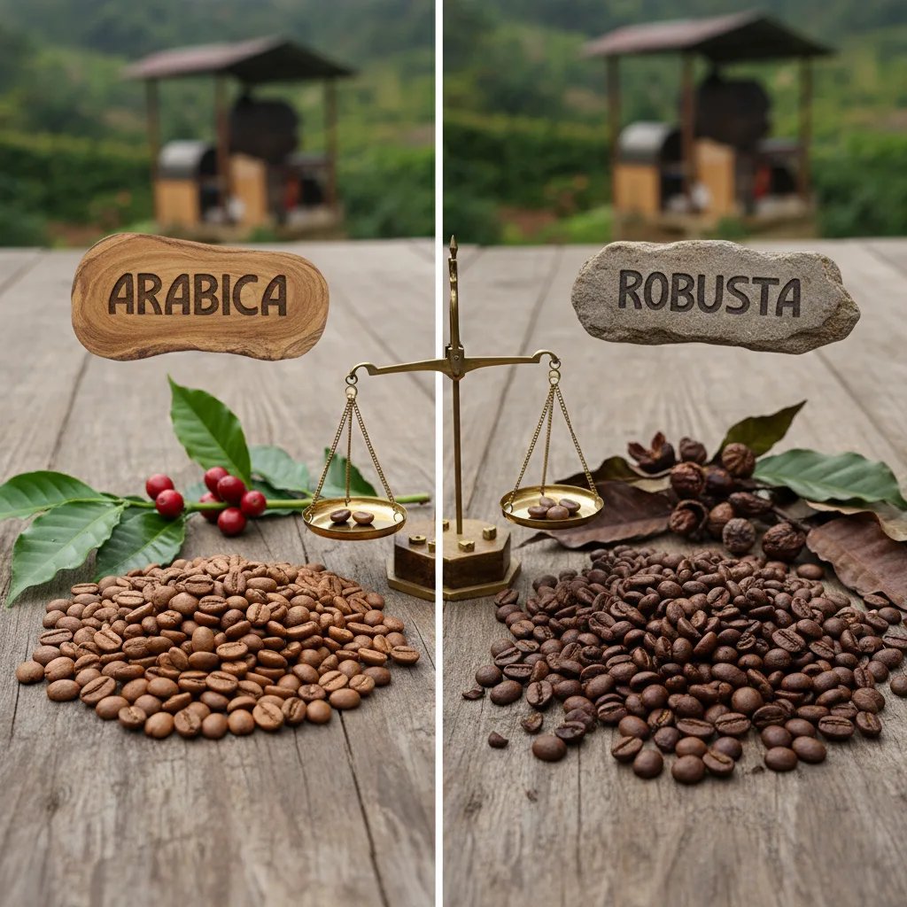 A side-by-side comparison of Arabica coffee beans and Robusta coffee beans, with a scale in the center. The Arabica side shows light roast beans and fresh red cherries, while the Robusta side shows dark roast beans and dried cherries.