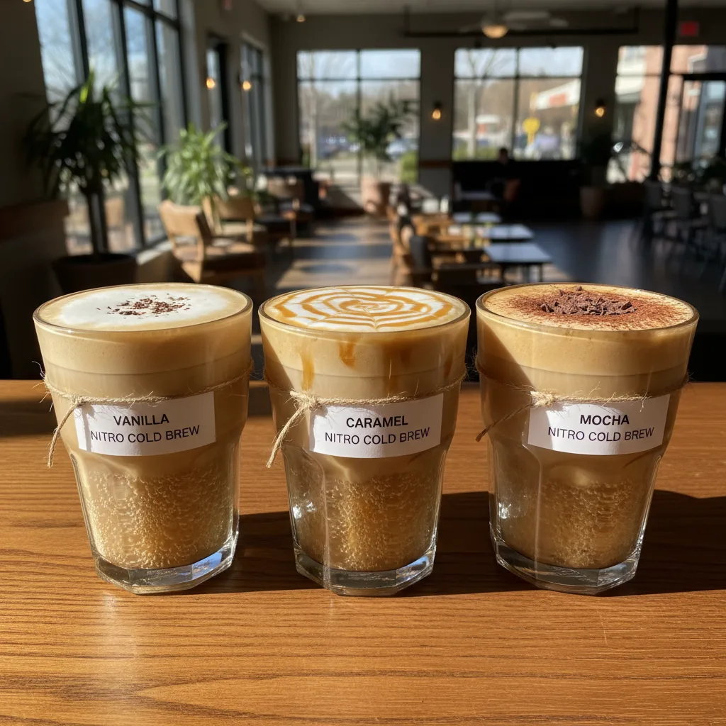 Delicious nitro cold brew sampler with Vanilla, Caramel, and Mocha flavors, each topped with latte art or chocolate, gleaming in natural light