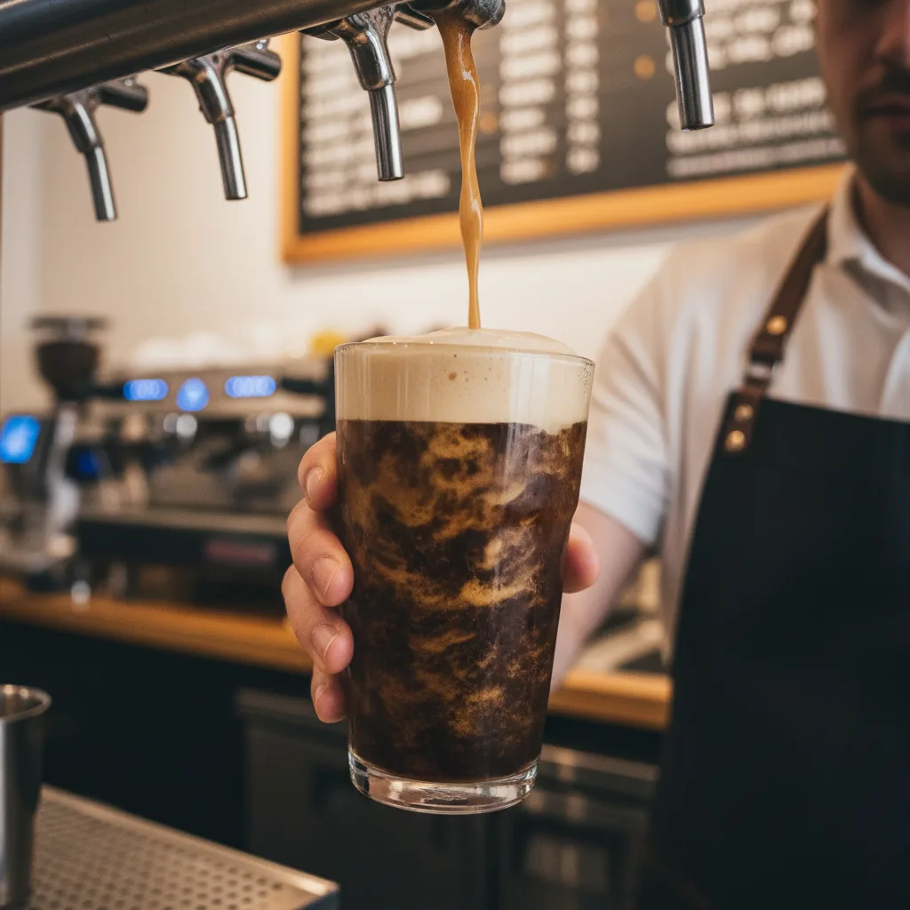 A barista in a black apron expertly pours a cascading nitro cold brew from a tap into a clear glass