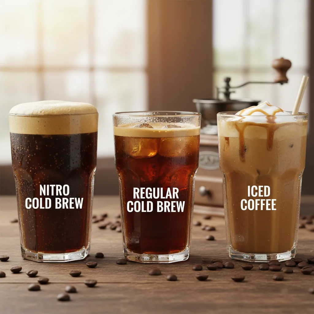 Three glasses of coffee drinks on a wooden table scattered with coffee beans: a dark Nitro Cold Brew with a thick, frothy head