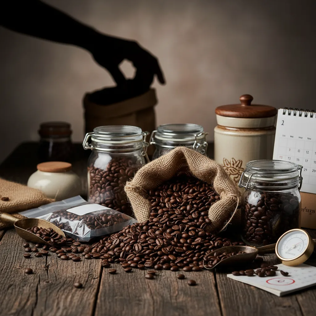 A collection of roasted Arabica coffee beans displayed in various storage containers, including a burlap sack, glass jars, and a vacuum-sealed bag, with a silhouette of a hand reaching for a bag in the background.