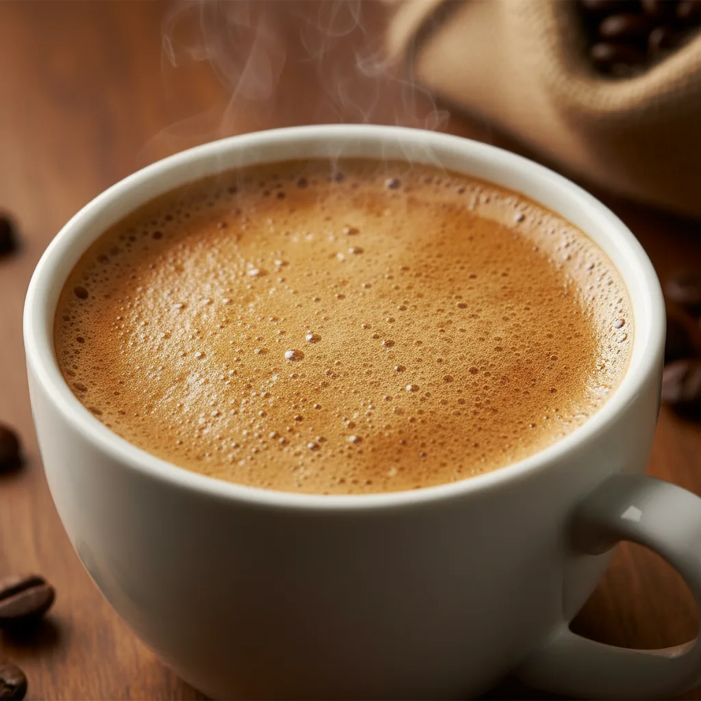 A close-up of a white mug filled with steaming espresso, showing the rich golden crema made from Lavazza Super Crema