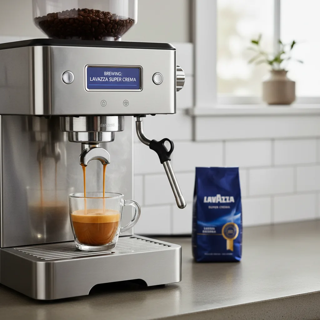 An espresso machine brewing a shot of Lavazza Super Crema coffee into a glass mug, with the blue bag of beans on the counter.