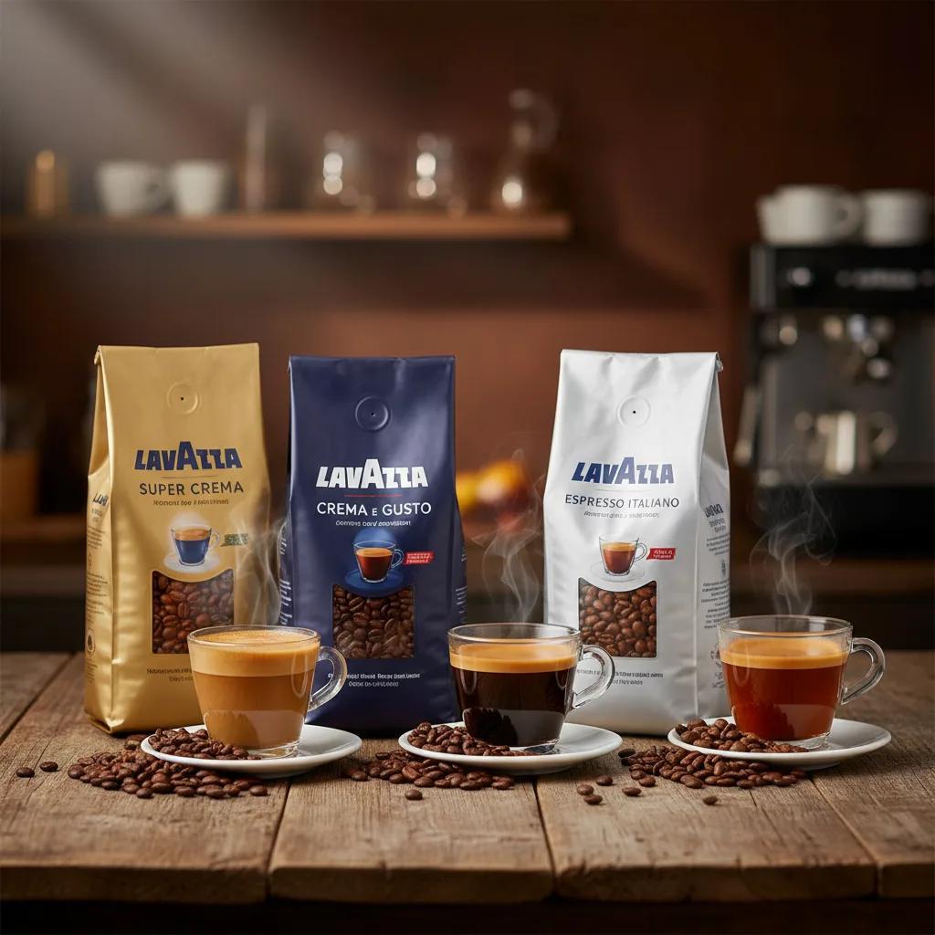 A lineup of three different Lavazza coffee bags, including the gold Lavazza Super Crema, blue Crema e Gusto, and white Espresso Italiano, each with a steaming mug of espresso.