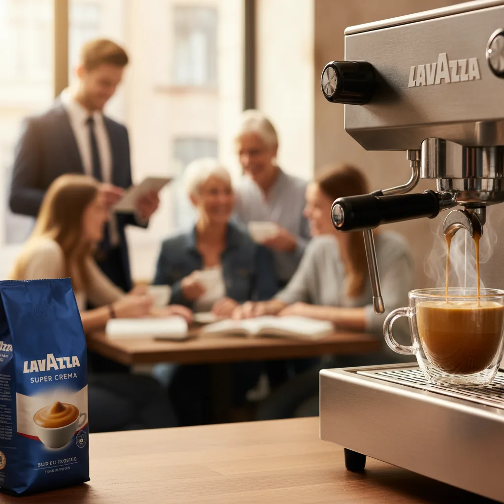A Lavazza espresso machine pulls a steaming shot into a glass mug, with a blue bag of Lavazza Super Crema beans.