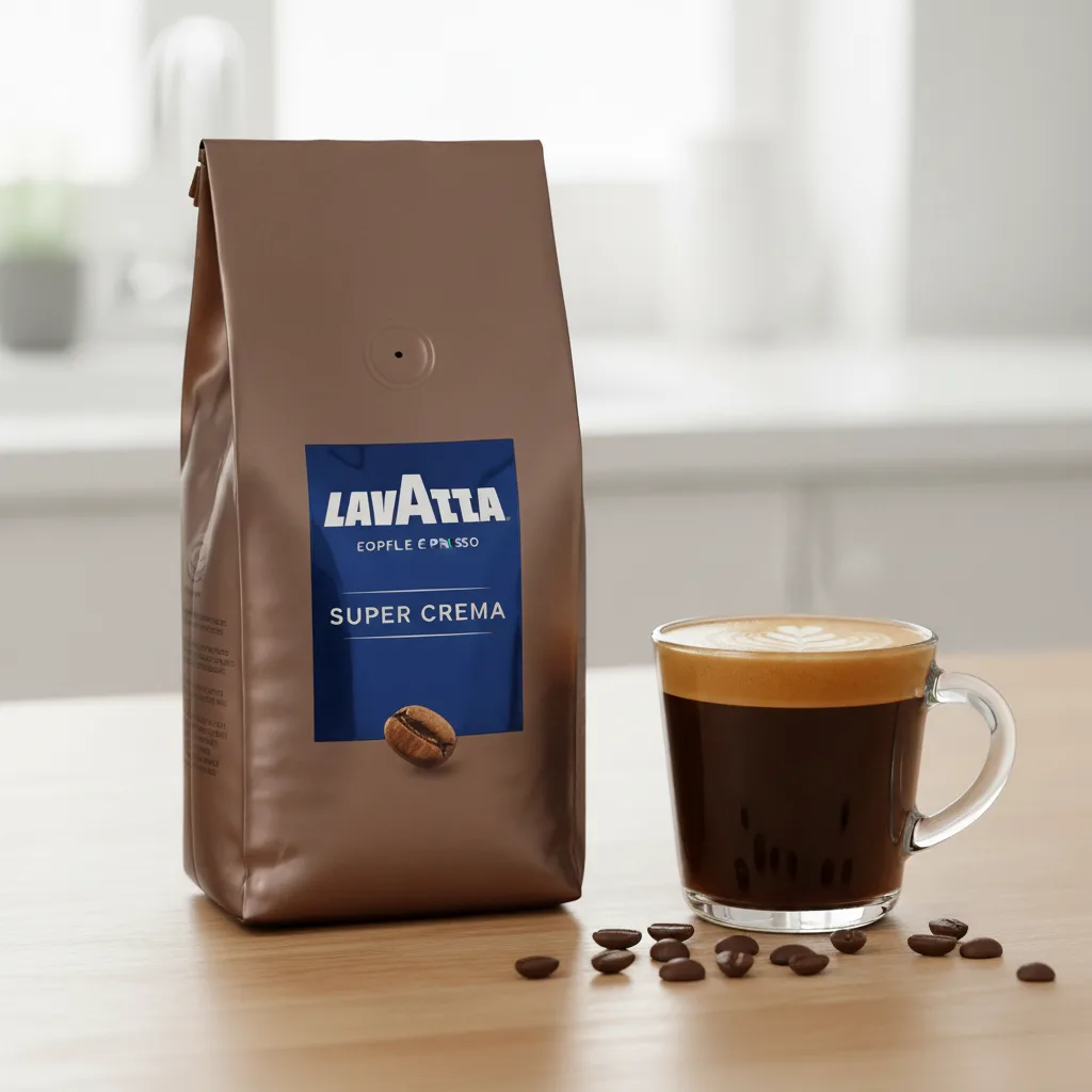 A bag of Lavazza Super Crema whole bean coffee with its blue label, next to a glass mug of espresso with rich crema