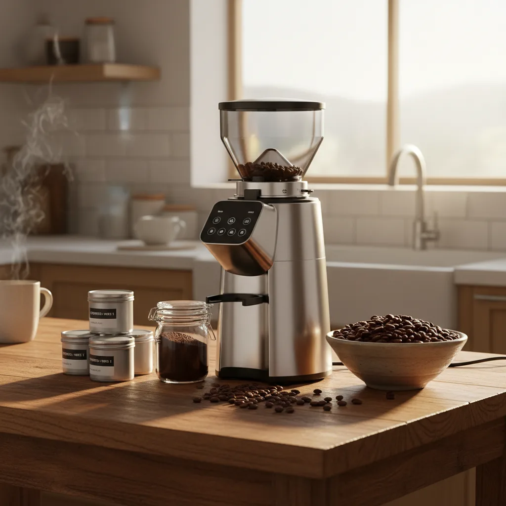 Grinding and storing Best Coffee Beans for Espresso, coffee grinder with whole beans, cozy kitchen setting