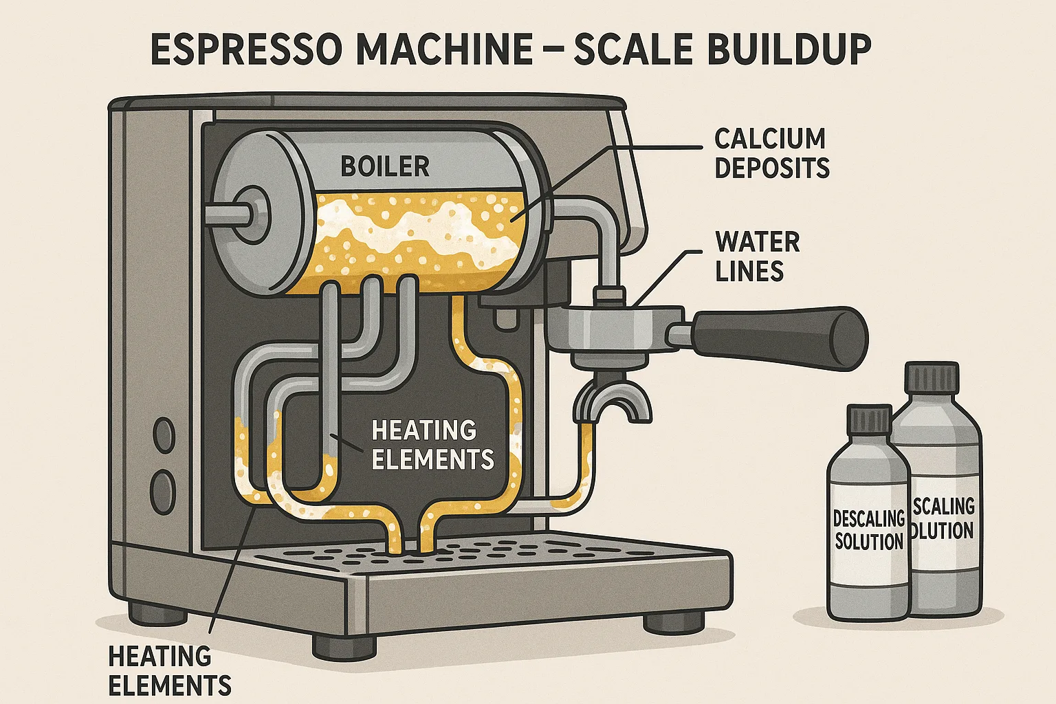 Detailed cutaway diagram of espresso machine internal components showing mineral buildup in boiler, heating elements, and water lines.