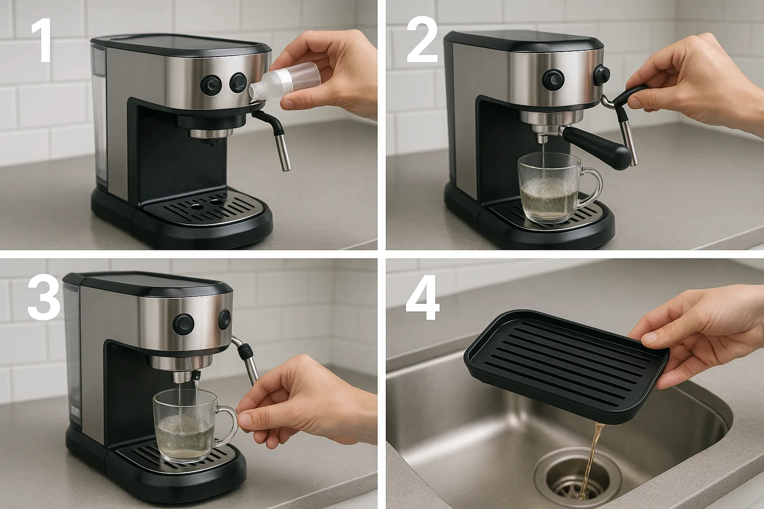Step-by-step visual guide showing hands performing descaling process on high-end espresso machine