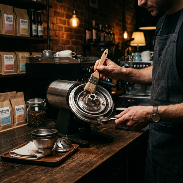 Espresso grinder and beans on a clean countertop