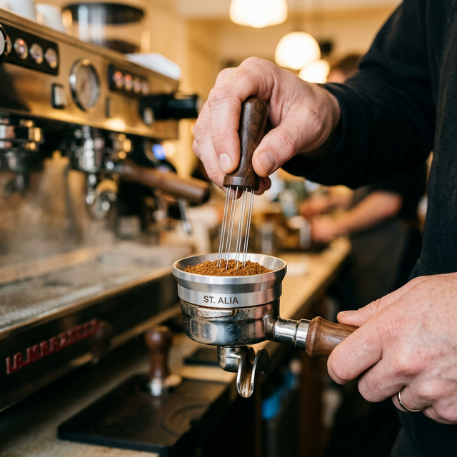 Barista using a WDT tool to perfectly distribute espresso grounds in a portafilter