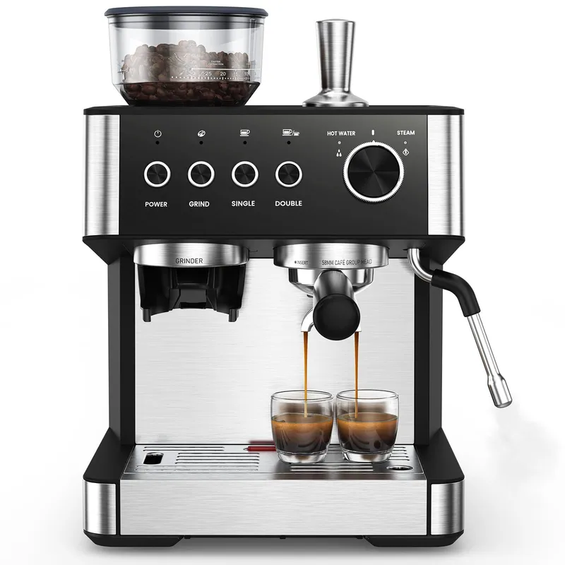 (2025 Upgrade)20 Bar Espresso Machine with Built-in Anti-Clog Coffee Grinder, Expresso Coffee Machines with Milk Steam Wand/Frother/Tamping Tools,Espresso Maker with Grinder for Lattes-Charcoal