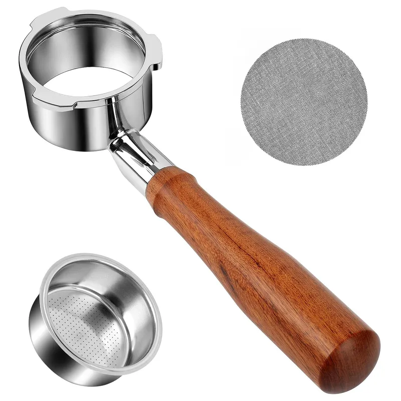 51mm Bottomless Portafilter for CM5418, 3 Ears Portafilter with 51mm Puck Screen Compatible for CASABREWS Espresso Machine CM5418, 3700Essential and 5418Pro, Stainless Steel Filter Holder and Filter Silver&Wood